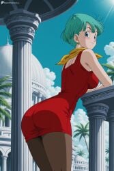 1girl ai_generated ass blue_eyes blue_sky blush breasts bulma_briefs closed_mouth cloud day digitalwaifugallery dragon_ball dress earrings green_hair hi_res high_quality high_resolution jewelry looking_at_viewer looking_back medium_breasts neckerchief outdoors palm_tree pantyhose patreon patreon_logo patreon_username pillar red_dress scarf seductive sexy short_dress short_hair sky sleeveless_dress smile solo sun tree uncensored watermark