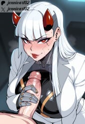 1boy 1girl ai_generated android blunt_bangs blush breasts bright_pupils clothing cyberpunk cyborg demon_girl earrings erection female handjob helltaker hetero horns jacket jennieart02 jewelry lab_coat large_breasts large_penis long_hair looking_at_viewer makeup male mechanical_arms omnic overwatch overwatch_2 patreon_logo patreon_username penis penis_grab precum red_eyes red_horns red_lips robot_joints shion_(overwatch) smile solo_focus suit sweat veins veiny_penis white_hair