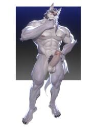 absurd_res balls beard canid canine canis cute_fangs ear_tuft erection facial_hair facial_scar fangs genitals gradient_background hair hand_on_hip hi_res humanoid_genitalia humanoid_penis male mammal muscular muscular_male nipples nude one_eye_closed penis ponytail pubes red_eyes scar simple_background solo standing tail teeth thinking_pose tuft uiokv wink wolf