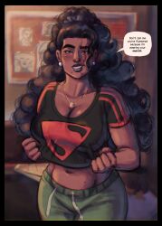 belly belly_button big_breasts big_hair black_hair black_lipstick breasts crop_top curly_hair dark_skin dark_skinned_female dc dc_comics earrings female female_only fitmarshmellow fluffy_hair flustered_male huge_breasts large_breasts lois_lane looking_at_viewer merchandise midriff mole mole_on_stomach mole_under_mouth navel nose_hook official_alternate_costume panty_straps ponytail pov purple_eyes shirt solo solo_female superman_(series) superman_logo sweatpants t-shirt talking_to_partner talking_to_viewer tease teasing teasing_viewer text thong_straps voluptuous voluptuous_female