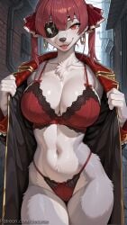 1girl ai_generated animal_nose body_fur bra breasts cleavage coat collarbone decurse earrings eyepatch furry furry_female hair_ribbon hololive houshou_marine jewelry lace-trimmed_bra lace_trim large_breasts long_hair looking_at_viewer navel open_clothes outdoors panties red_bra red_eyes red_hair red_panties red_ribbon ribbon smile snout solo tongue tongue_out twintails underwear virtual_youtuber white_fur