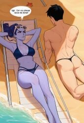 1boy 1girl ai_generated armpits arms_behind_head ass back beach beach_chair bikini black_hair blue_bikini breasts cleavage clenched_teeth clothing colored_skin day earrings english_text eyewear eyewear_on_head female g-string hair_pulled_back hetero jewelry long_hair looking_at_another lounge_chair lying male male_swimwear medium_breasts navel on_back on_stomach outdoors overwatch ponytail purple_bikini purple_hair purple_lips purple_skin sand short_hair speech_bubble starfish stud_earrings sunglasses swim_trunks swimsuit thong thong_bikini toned underwear water widowmaker yellow_eyes