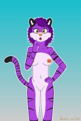 anthro black_body black_fur black_stripes breasts crystal_the_tiger felid female fur genitals hair hi_res mammal markings nipples nude pantherine purple_body purple_fur purple_hair scoutthecat02 solo striped_markings striped_tail stripes tail tail_markings tiger vulva white_body white_fur yellow_eyes