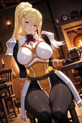 1girl ai_generated armor armored_boots barrel blonde_hair blue_eyes bodysuit boots braid breasts chair darkness_(konosuba) gloves hair_ornament hi_res high_quality high_resolution kiraamane kono_subarashii_sekai_ni_shukufuku_wo! large_breasts long_hair looking_at_viewer patreon ponytail seductive sexy shoulder_armor sitting smile solo uncensored watermark x_hair_ornament