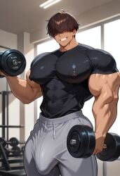 1boy 1male abs big_penis brown_hair bulge bulge_through_clothing clothes cwhk dumbbell gym indoors lifting male male_focus male_only nipples pants pecs penis shirt short_hair skin_tight smile smiling solo weightlifting