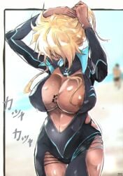 1girls areolae big_breasts bleach blonde_hair breasts clothed clothing dark-skinned_female dark_skin diving_mask diving_suit female japanese_text large_breasts maxi open_clothes solo tia_harribel