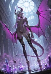 ai_generated cathedral demon demon_girl demon_tail high_heels nipples pussy red_skinned_female wings