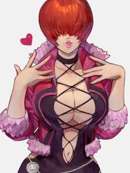 arms_up bangs black_dress breasts brown_hair center_opening chains cleavage collarbone dress feather_trim female fingernails hair_between_eyes hair_over_eyes hand_on_own_chest heart highres jacket king_of_fighters king_of_fighters_xv large_breasts lips long_sleeves looking_at_viewer makeup navel oni_gini parted_lips pink_jacket pink_lips shermie_(kof) short_dress short_hair short_sleeves simple_background snk solo thighs upper_body white_background