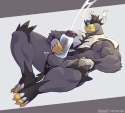 3_toes 5_fingers abs anthro balls bear big_muscles big_penis black_body black_clothing bodily_fluids bottomwear bottomwear_aside claws clenched_teeth clothed clothing clothing_aside cum cum_in_sex_toy cum_string cumshot ejaculation erection feet fingers generation_8_pokemon genital_fluids genitals hand_on_penis hi_res holding_object holding_penetrable_sex_toy holding_sex_toy huge_muscles legendary_pokemon loincloth loincloth_aside loincloth_only lying male mammal masturbation mostly_nude motion_lines muscular muscular_anthro muscular_male nintendo nipples on_back orgasm pecs penetrable_sex_toy penetration penile penile_masturbation penis pokemon pokemon_(species) sex_toy single_strike_style_urshifu solo spikes spikes_(anatomy) teeth thick_thighs toe_claws toes topless toying_self urshifu vein veiny_penis voviat white_body white_clothing yellow_body
