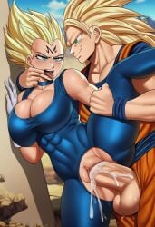 1boy 1girls abs ahe_gao ahegao ai_generated balls ballsack big_balls big_breasts big_penis blonde_female blonde_hair boobs boobs_bigger_than_head breasts breasts_bigger_than_head cleavage cum cum_in_pussy cum_inside dragon_ball dragon_ball_z female female_penetrated femsub finger_in_mouth genderbend genderswap genderswap_(mtf) holding_another's_leg leaning_against_wall leotard light-skinned_female light-skinned_male light_skin majin_mark majin_vegeta male male/female male_penetrating male_penetrating_female maledom open_mouth rule_63 son_goku super_saiyan_3 tongue tongue_out torn_clothes torn_leotard vagina vaginal vaginal_insertion vaginal_penetration vaginal_sex vegeta vertical_splits