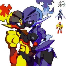 1:1 2026 4_fingers absurd_res alpha_channel areola armarouge armor balls big_penis black_balls black_body black_penis breast_squish breasts ceruledge digital_media_(artwork) duo erection eye_contact eye_mist eyelashes female female_humanoid fingers fire generation_9_pokemon genitals glans hand_on_another's_penis hand_on_partner's_penis hand_on_penis hi_res humanoid humanoid_genitalia humanoid_on_humanoid humanoid_penis kissing looking_at_another looking_at_partner male male/female male_humanoid medium_breasts multicolored_armor nintendo nipples nude penis penis_grab pokemon pokemon_(species) pokemorph pseudo_hair purple_areola purple_armor purple_eyes purple_nipples purple_tongue red_armor red_eyes red_glans safersophieroth simple_background squish standing tongue vulva watermark yellow_armor