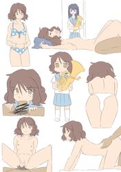 all_fours brown_hair doggy_style fellatio from_behind from_behind_position hibike!_euphonium missionary_position multiple_views oral oumae_kumiko short_hair small_breasts swimsuit vaginal_penetration