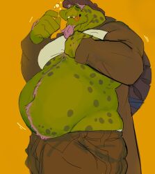 anthro bara barazoku boneranonymouse deltarune facial_hair gerson_boom gerson_boom_(deltarune) green_body green_skin magenta_hair male male_only musclegut muscles muscular overweight purple_hair scalie shirt_lift solo solo_male turtle undertale