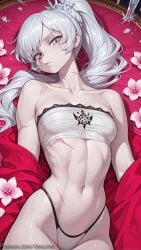 1girl ai_generated bare_shoulders blue_eyes breasts collarbone decurse flower highleg highleg_panties long_hair looking_at_viewer lying navel on_back panties ponytail rwby scar scar_across_eye scar_on_face small_breasts solo stomach strapless tiara underwear weiss_schnee white_hair white_panties