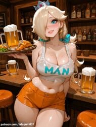 1girl ai_generated alcohol arlequin097 bar_(place) bar_stool bare_shoulders beer beer_mug blonde_hair blue_eyes blush bow breasts cleavage clothes_writing collarbone cowboy_shot crop_top crown cup earrings food grin hair_over_one_eye holding holding_cup holding_tray indoors jewelry large_breasts lips long_hair looking_at_viewer mario_(series) midriff mug navel nintendo no_legwear orange_shorts parted_lips plate princess_rosalina short_shorts shorts smile solo star_(symbol) star_earrings stomach stool super_mario_bros. sweat tank_top thick_thighs thighs tray waitress wet wet_clothes white_tank_top