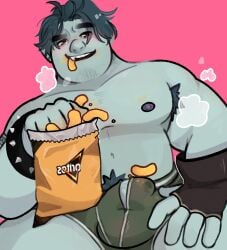 1boy 2020 armpit_hair barley_lightfoot chubby disney doritos gay male male_only mrookii nipples onward_(2020) pink_background pixar simple_background snack solo