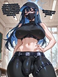 1boy 1boy1futa 1boy1girl 1futa 1futanari ai_generated ass bangs bare_shoulders baseball_cap big_ass big_breasts big_butt big_hips big_penis blowjob blowjob_face blue_archive blue_hair blush breasts bulge bulge_through_clothing bulge_under_clothes cleavage clothed clothing dick dickgirl eyebrows eyelashes face_mask femdom futa_on_male futadom futanari hair hand_on_head hands_on_hips hat huge_cock lips long_hair makeup mask narrow_waist nose pants penis penis_bulge saori_(blue_archive) sensei_(blue_archive) side_view sitting smooth_balls smooth_penis smooth_skin straight straight_hair topwear velfur