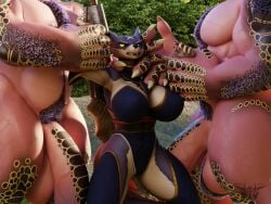 3d_(artwork) absurd_res anjanath anthro arm_grab breasts brute_wyvern canyne capcom clothed clothing digital_media_(artwork) faceless_character faceless_male female group hi_res le_chumsky male male/female melee_weapon monster_hunter nude outside palamute phrostbite questionable_consent size_difference solo_focus sword trio weapon