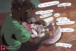 3:2 absurd_res aennor aennor_(character) anthro bai_se_(aennor) bdsm bondage bound canid canine canis chastity_cage chastity_cage_only chastity_device chastity_device_only comic dialogue duo english_text fox fur genitals green_eyes hair hi_res laying_on_partner legs_tied male male/male mammal masochism nude nude_anthro penis ponytail restraints rope rope_bondage rope_harness speech_bubble text wearing_chastity_cage wearing_chastity_device white_body white_fur wolf