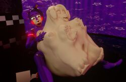 animatronic anthro belly belly_squish big_belly bonnie_(fnaf) breasts bunnnyboi digestion digestion_implied digestion_sequence duo face_imprint feet female five_nights_at_freddy's hand_imprint happy hi_res huge_belly imprint lagomorph leporid machine mammal multicolored_body nude oral_vore rabbit robot scottgames spread_legs spreading squish vore willing_prey