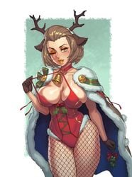 1girls 2021 ;d absurdres alternate_costume animal_ears antlers areola_slip areolae bell blush breasts cape christmas cleavage deer_ears eyeshadow fake_animal_ears fake_antlers female female_only fire_emblem fire_emblem:_three_houses fire_emblem_heroes fishnet_legwear fishnet_pantyhose fishnets fur_cape gloves gold_lips highres huge_breasts leotard lips lipstick looking_at_viewer makeup manuela_casagranda manuela_casagranda_(winter) milf mistletoe mole mole_under_eye neck_bell nintendo official_alternate_costume one_eye_closed orange_eyeshadow orange_lips orange_lipstick overflowing_breasts parted_lips red_leotard reindeer_antlers rizdraws seductive seductive_smile short_hair smile solo source_larger teasing thick_thighs wide_hips wink