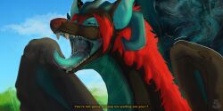 2022 2:1 bodily_fluids breath cloud dragon english_text feral hi_res horn inside_stomach internal lupetianwolf male mythological_creature mythological_scalie mythology nolow organs outside plant saliva scalie solo stomach talking_to_viewer teeth text tongue tree vore