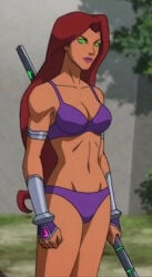 1girls bra dc_comics female female_only orange-skinned_female orange_skin panties purple_bra purple_panties red_hair screenshot_edit solo starfire underwear underwear_only