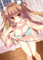 1girl bare_shoulders bra bra_pull braid braided_hair_rings breasts brown_eyes brown_hair cleavage clothes_pull collarbone curtains dutch_angle groin hair_rings indoors large_breasts leaning_forward long_hair looking_at_viewer nae-nae nipples one_breast_out original panties panty_pull pom_pom_(clothes) scarf smile solo sparkle stuffed_animal stuffed_toy teddy_bear twin_braids two_side_up underwear underwear_only undressing window