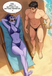 1boy 1girl abs ai_generated armpits arms_behind_head barefoot beach beach_chair bikini black_hair black_male_swimwear breasts clothing collarbone colored_skin day english_text eyewear eyewear_on_head feet female hair_pulled_back long_hair looking_at_another lotion lying male male_swimwear medium_breasts muscle muscular muscular_male navel on_back outdoors overwatch pectorals ponytail purple_hair purple_skin sand short_hair smile speech_bubble sunglasses sunscreen swim_briefs swim_trunks swimsuit toes topless_male water widowmaker