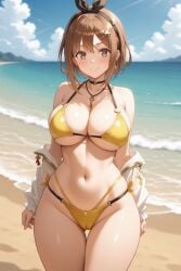 1girl ai_generated ass_visible_through_thighs atelier_(series) atelier_ryza bare_shoulders beach bikini black_choker black_hairband black_ribbon blue_sky blush bow_hairband breasts brown_eyes brown_hair cameltoe choker cleavage closed_mouth cloud collarbone cowboy_shot curvy day earrings groin hair_ornament hair_ribbon hairband hairclip halterneck highleg highleg_bikini jacket jewelry key key_necklace large_breasts long_sleeves looking_at_viewer mole mole_on_breast navel necklace ocean off_shoulder open_clothes open_jacket outdoors pendant pixiv reisalin_stout rena_aikawa_(pixiv_user) ribbon sand shirt shore short_hair sideboob sidelocks skindentation sky smile solo stable_diffusion standing star_(symbol) star_necklace stomach string_bikini sunlight swimsuit thick_thighs thigh_gap thighs underboob water wet white_jacket white_shirt wide_hips yellow_bikini yellow_jacket