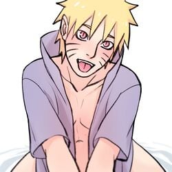 1boy blonde_hair blush bottomless close-up clothing cosplay cute facial_markings fangs jacket kneeling light-skinned_male light_skin looking_at_viewer naruto naruto_(series) naruto_shippuden naughty_face on_knees open_clothes open_jacket open_mouth pale-skinned_male pale_skin pinup red_eyes rrrsn37 sasuke_uchiha_(cosplay) seductive seductive_eyes seductive_look shounen_jump solo solo_focus solo_male spiky_hair submissive submissive_male thighs tongue tongue_out twink uzumaki_naruto whisker_markings whiskers yellow_hair