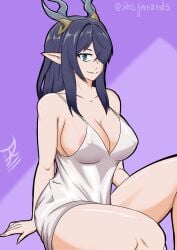 big_breasts big_thighs female_only genshin_impact grey_hair horn horns lauma_(genshin_impact) nipples nipples_visible_through_clothing smiling smiling_at_viewer