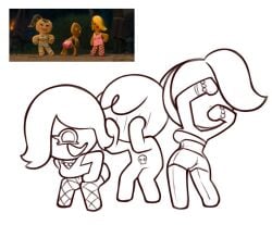 ass bent_over blush bracelet breasts cleavage cookie_run covered_eyes covered_face embarrassed fishnets gingerbrave gingerbread_man hair_over_one_eye hands_covering_face meme necklace screencap screenshot shorts shrek_(series) shrek_5 sketch smile soff_doll tagme unnamed_character