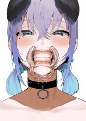 1girls 2d animal_ears blush collar drooling female gag high_resolution iku_(ikuchan_kaoru) ikuchan_kaoru_(character) indie_virtual_youtuber open_mouth_gag original saliva solo star teeth two_tone_hair very_high_resolution virtual_youtuber