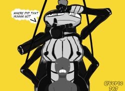 anon anthro arthropod big_breasts big_eyes black_body black_hair blattodean breasts clenched_teeth clothing comic demon dialogue doubt duo english_text female grey_body hair hi_res hiding human humanoid insect male male/female mammal nipples nude roya_roach scared search standing teeth text verelo versus_(manga)