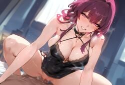 1boy 1girl ai_generated cowgirl_position dark-skinned_male dark_skin dress honkai:_star_rail huge_ass huge_breasts kafka_(honkai:_star_rail) squatting straddling thick_thighs vaginal vaginal_penetration youmuu