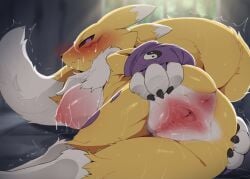 anthro areola armwear bandai_namco biped breasts clothed clothing dagasi digimon digimon_(species) dipstick_tail female fur genitals hi_res markings nipples partially_clothed purple_armwear purple_clothing renamon tail tail_markings vulva yellow_body