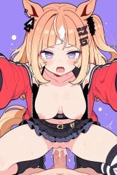 1boy 1girl 2026 ai_art ai_generated animal_ears belt black_belt black_footwear black_skirt blonde_hair blue_eyes blunt_bangs blush breasts clothed_sex collarbone cowgirl_position cum cum_in_pussy cum_overflow drooling espoir_city_(umamusume) girl_on_top hair_ornament hetero horse_ears horse_girl horse_tail jacket long_hair looking_at_viewer medium_breasts medium_hair miniskirt multicolored_hair navel nipples open_clothes open_jacket open_mouth patreon patreon_url patreon_username penis pleated_skirt pov purple_background purple_eyes pussy red_jacket saliva sex simple_background simple_shading skirt solo_focus sosakuai squatting_cowgirl_position straddling streaked_hair striped_clothes striped_thighhighs sweat tail thighhighs umamusume umamusume_pretty_derby uncensored vaginal white_hair