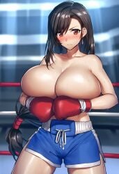 1girls ai_generated black_hair boxers_(clothing) boxing boxing_gloves boxing_ring brutoaimage final_fantasy final_fantasy_vii huge_breasts large_breasts long_hair shy solo tifa_lockhart topless