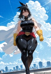 1girl ai_assisted ai_generated bangs bare_shoulders belt black_hair black_legwear blue_sky bodysuit boku_no_hero_academia breasts cape cloud curvaceous curvy curvy_female curvy_figure day female gloves large_breasts lips looking_at_viewer miyuai my_hero_academia nana_shimura shiny shiny_clothes shiny_hair sky sleeveless smile solo thick thick_ass thick_butt thick_hips thick_legs thick_thighs thighs voluptuous voluptuous_female wide_hips wide_thighs
