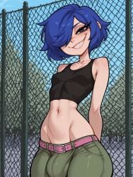 1futa 1futanari ai_assisted ai_generated ass bangs bangs_over_eyes bangs_over_one_eye belt big_ass big_breasts big_butt big_hips big_penis black_eyes black_topwear blue_hair breasts bulge bulge_through_clothing bulge_under_clothes cleavage dick dickgirl ed_edd_n_eddy eyebrows eyelashes futanari green_pants hair huge_cock lips makeup marie_kanker midriff narrow_waist navel nose pants penis penis_bulge shirt smooth_balls smooth_penis smooth_skin topwear velfur