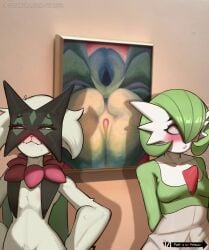 2girls anthro ass ass_focus furry gardevoir hiatsz medium_breasts meme meowscarada pinup pokemon pokemon_(species) small_breasts