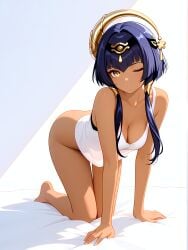 1girl ;o absurd_res absurdres ai-created ai-generated ai_art ai_generated all_fours artist_name athletic_female bangs bare_arms bare_legs bare_shoulders barefoot bed_sheet black_hairband blue_hair blush boobs bottomless breasts bust candace_(genshin_impact) chest cleavage collarbone dark-skinned_female eye_of_horus female fit_female full_body genshin_impact gumtoof hair_intakes hair_ornament hair_tubes hairband hi_res high_quality high_resolution long_hair looking_at_viewer medium_breasts morning one_eye_closed parted_lips patreon patreon_username shirt short_hair_with_long_locks sidelocks sleeveless solo solo_focus stable_diffusion tagme tank_top thighs tits uncensored white_shirt yellow_eyes