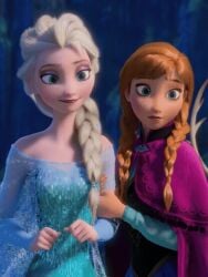 2girls ai_generated animated anna_(frozen) breasts dress elsa_(frozen) frozen_(film) gif kiss kissing sisters standing
