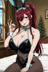 1boy absurdres adult ai_assisted ai_generated big_breasts blowjob_gesture breasts bunny_ears bunny_girl bunnysuit erza_scarlet fairy_tail female heeven highres male mature patreon patreon_username perfect_body tongue_out uncensored