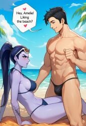 1boy 1girl abs ai_generated arm_support arm_tattoo beach bikini black_hair black_male_swimwear blue_bikini blue_sky blush breasts bulge clothing cloud colored_skin day earrings english_text eyewear_on_head female from_side hair_pulled_back hetero jewelry long_hair looking_at_another male male_swimwear medium_breasts muscle muscular muscular_male navel ocean outdoors overwatch palm_tree pectorals ponytail purple_bikini purple_hair purple_lips purple_skin sand short_hair sitting sky smile speech_bubble sunglasses swim_briefs swim_trunks swimsuit tattoo topless_male tree water widowmaker yellow_eyes