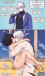 1boy 1boy1girl 1girl 2koma arms_around_neck bed bedroom black_hair blue_eyes breast_press comic cum_in_pussy cum_inside curling_toes dialogue drool dywtba-alt-universe excessive_cum eyes_closed fat_ass honkai:_star_rail juko_arigato kissing larger_male leaking_cum legs_around_partner overflowing_cum pale-skinned_male phainon_(honkai:_star_rail) romantic romantic_sex size_difference smaller_female stand_and_carry_position standing_sex sweat thick_thighs vaginal_penetration vaginal_sex white_hair