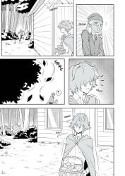 1boy 1girl almost_caught basket black_and_white blush blushing blushing_female bush bushes clothed_female clothed_male dark-skinned_female dark_skin dark_skinned_female er0popo femboy grabbing grabbing_breast grabbing_own_breast hair_over_eyes lewd_red_riding_hood_(monstershake) manga manga_page manga_style monstershake nicola_"woodcutter"_hoffmann no_sex nonsexual red's_mother_(monstershake) red_(monstershake) running running_away sayuri_milkshake scared short_hair short_hair_female short_hair_male sound_effects surprised surprised_expression surprised_face walking