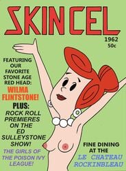 arms_up earrings english_text female hoop_earrings lipstick medium_breasts pearl_necklace red_hair short_hair solo the_flintstones toonytease wilma_flintstone