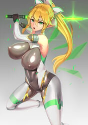 black_bodysuit blonde_hair bodysuit breasts cameltoe commentary_request covered_navel covered_nipples female green_eyes highres impossible_bodysuit impossible_clothes large_breasts leafa long_hair looking_at_viewer miyashiro_ryuutarou pointy_ears ponytail shiny shiny_clothes shiny_hair shiny_skin skin_tight solo sword sword_art_online taimanin_(series) taimanin_suit very_long_hair weapon